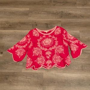 Solitaire Anthropologie Embroidered Hobo Blouse Hot Pink Size Medium NWOT